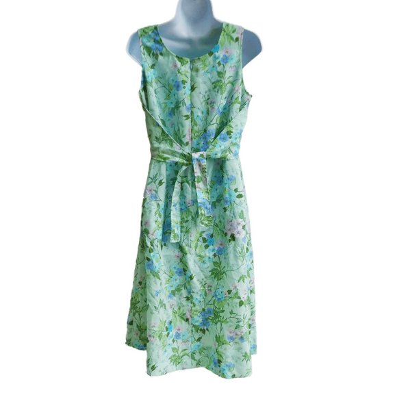 Vintage Farmhouse Dress Handmade Pastel Floral Green Blue Pink Tie Back Pockets - Picture 2 of 7